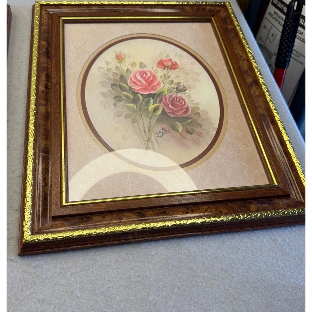 Vintage Wood Grain Gold Trim Picture Frame Wall Art Brown 13.5x16.5